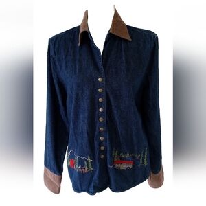 Denim Snap Front Shirt Camping Embroidered Long Sleeve Corduroy Collar Medium
